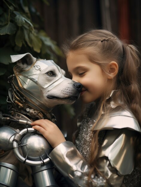 Medium shot girl hugging dog