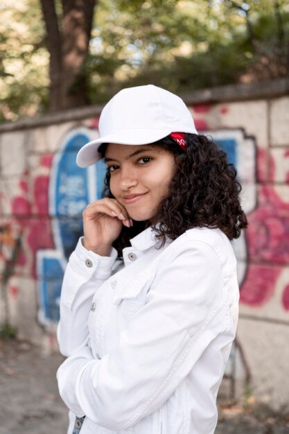 Medium shot girl posing with hat