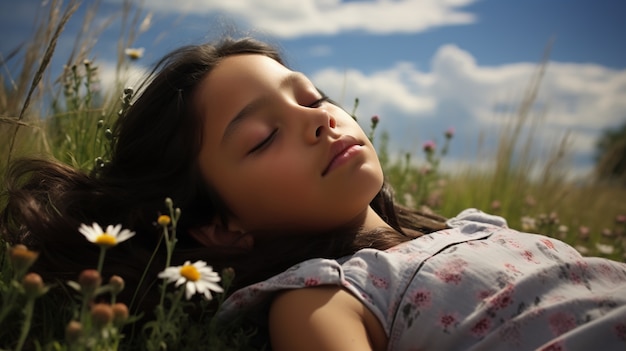 Бесплатное фото Девушка среднего роста спит на открытом воздухе