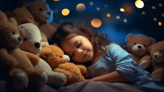 Medium shot girl  sleeping with toys