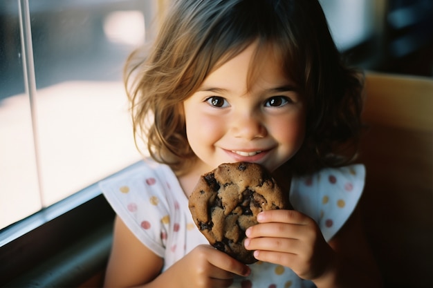 Medium shot girl with delicious cookie