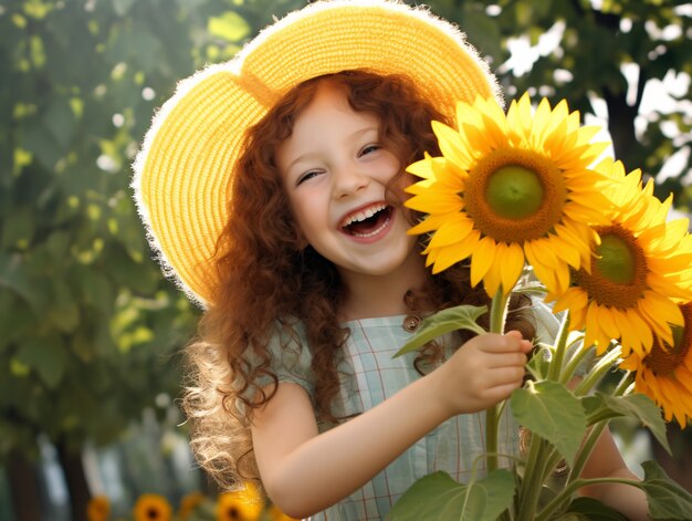 Medium shot girl with sunflowers