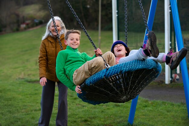 Medium shot happy family having fun