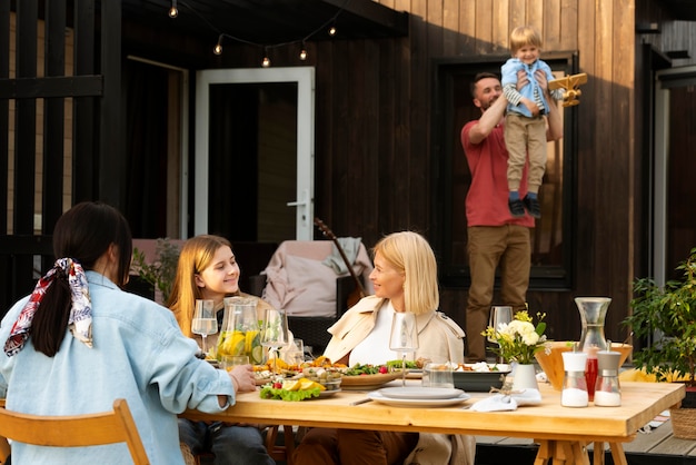 Medium shot happy family with kid