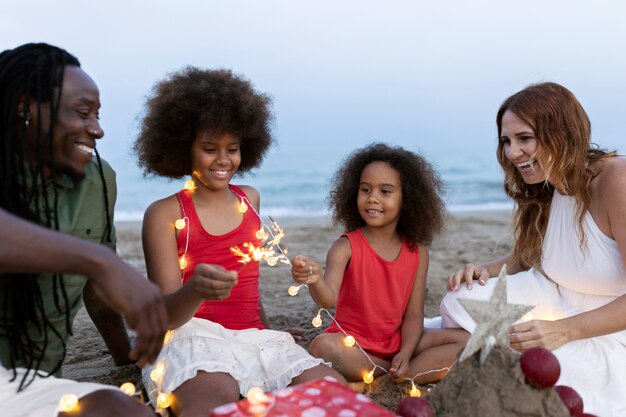 Medium shot happy family with lights