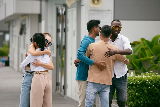 Free Photo medium shot happy friends hugging