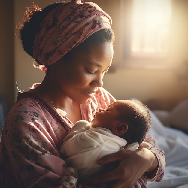 Free photo medium shot happy mother holding baby