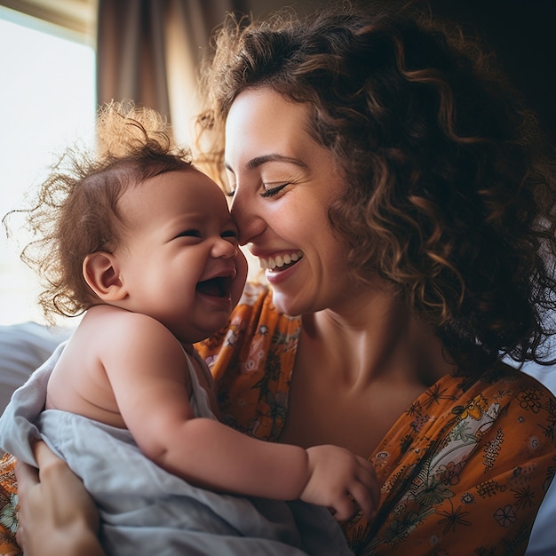 아기를 안고 있는 중간 샷 행복한 어머니