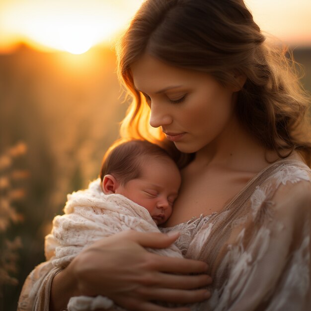赤ちゃんを抱くミディアムショットの幸せな母親