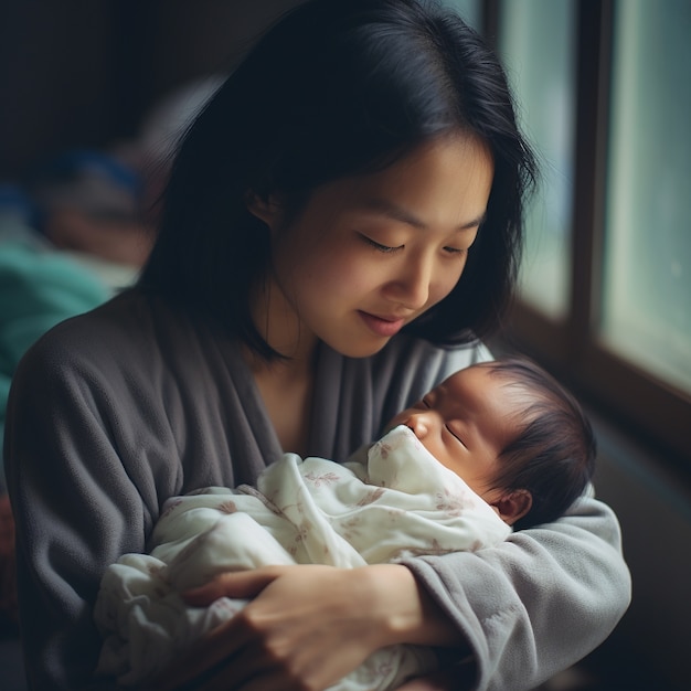 무료 사진 아기를 안고 있는 중간 샷 행복한 어머니