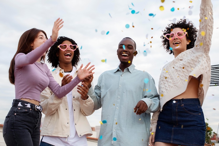 Free Photo medium shot happy people partying with confetti