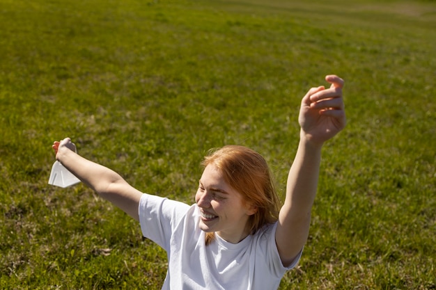 Free photo medium shot happy woman without mask