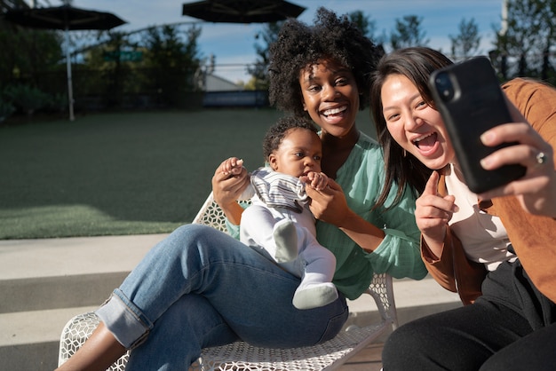 Medium shot happy women taking selfie