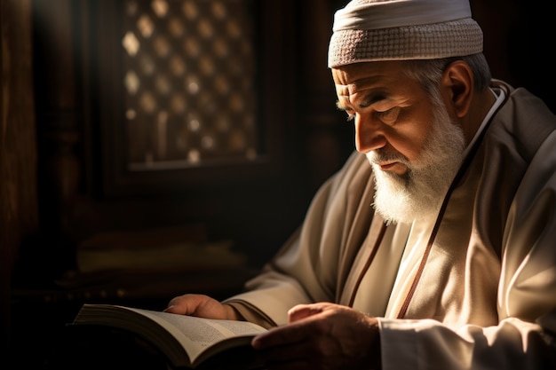ミディアムショットイスラム教徒の男が読んでいる