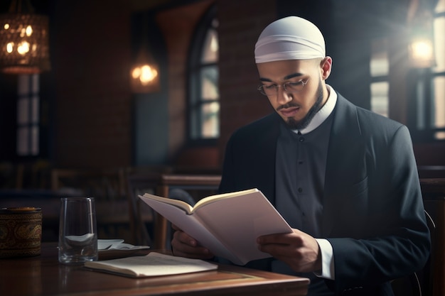 ミディアムショットイスラム教徒の男が読んでいる