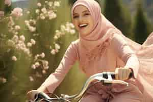 Free photo medium shot islamic woman on bicycle