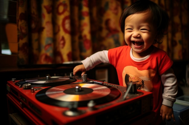 DJをしているミディアムショットの子供