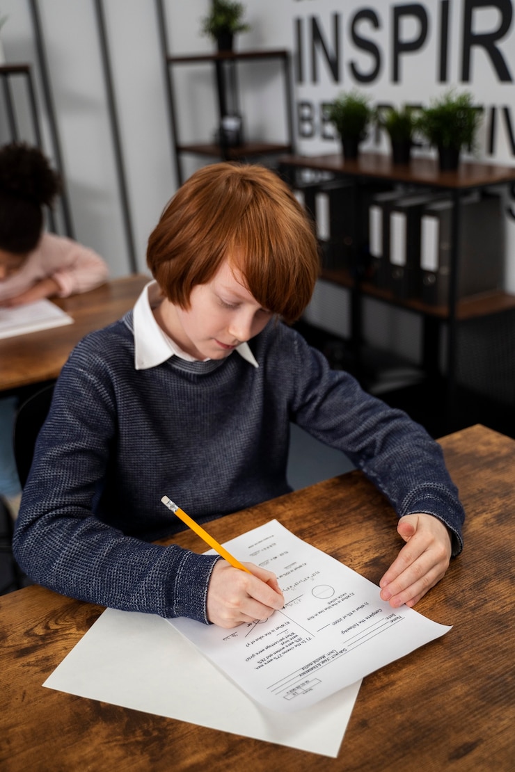 Free Photo medium shot kid cheating at school test