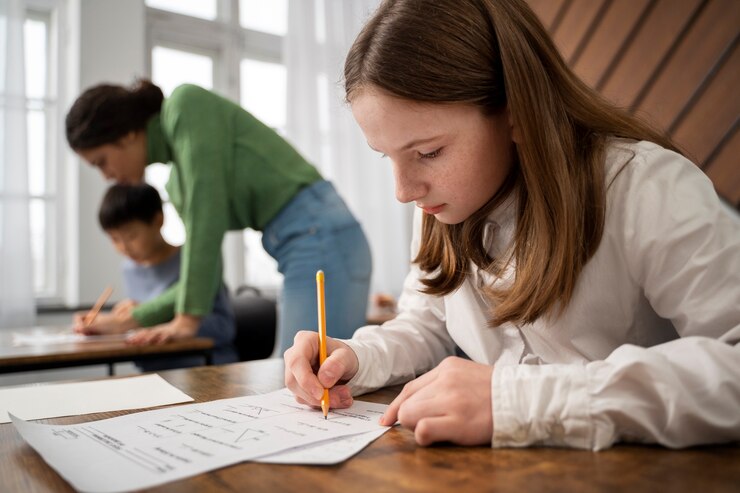 Free Photo medium shot kid cheating at school test
