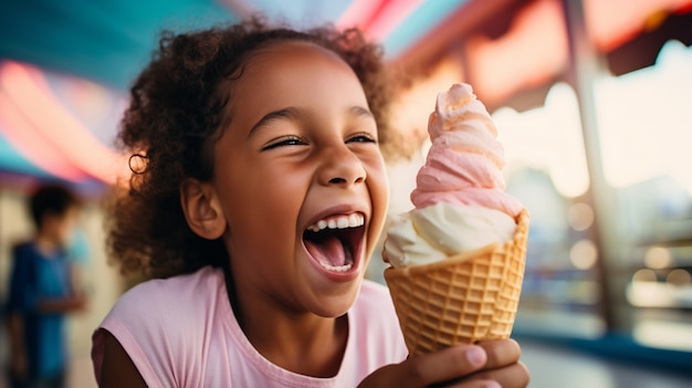 Малыш среднего роста держит вкусное мороженое