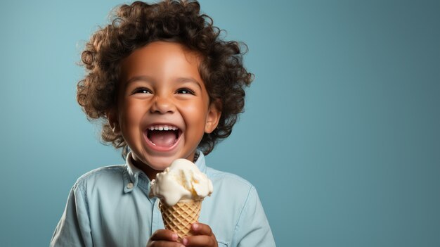 おいしいアイスクリームを持ったミディアムショットの子供