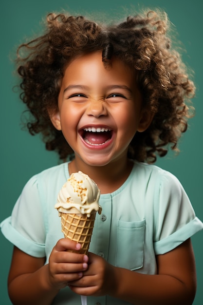 おいしいアイスクリームを持ったミディアムショットの子供