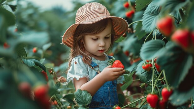 Ребенок среднего размера собирает клубнику