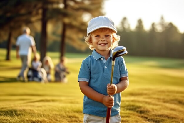 Мальчик среднего уровня играет в гольф на природе.
