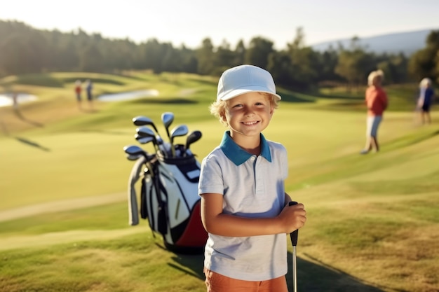 Foto gratuita ragazzo di media taglia che gioca a golf in natura