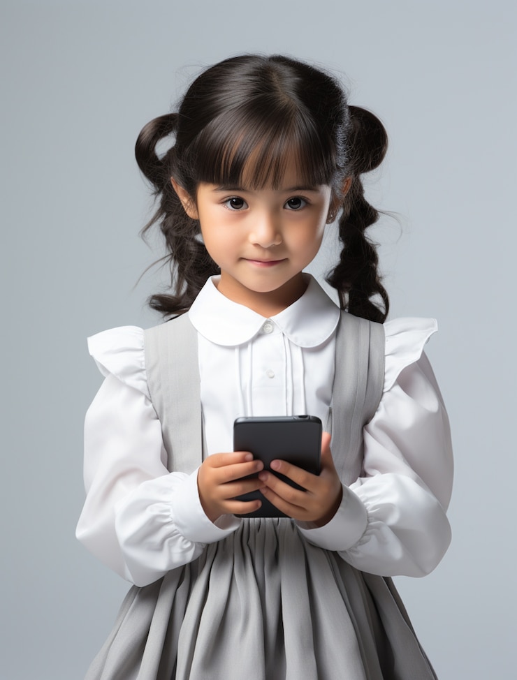 無料Photo 屋内でスマートフォンを持つミディアムショットの子供