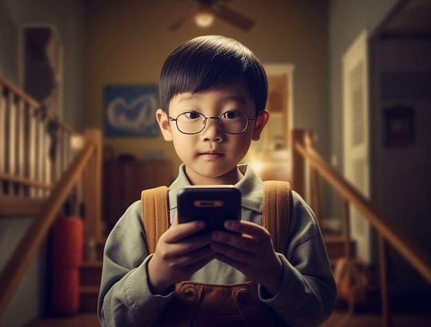 Бесплатное фото Ребенок среднего размера со смартфоном в помещении