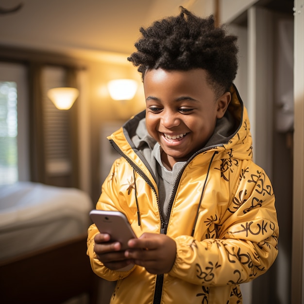 Medium shot kid with smartphone indoors