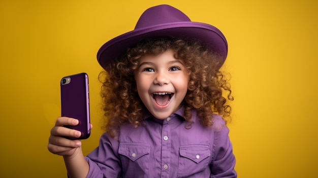 Free photo medium shot kid with smartphone indoors