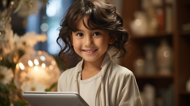 屋内でタブレットを持つミディアムショットの子供