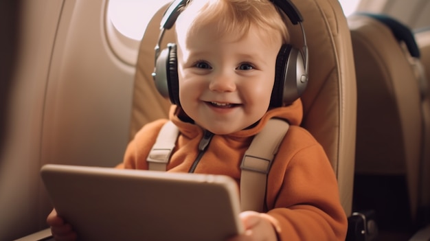 비행기에 태블릿을 들고 있는 중간 샷의 아이