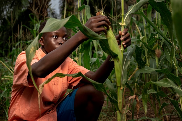 Medium shot kid working in cornfield