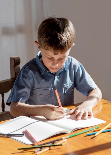 Средний снимок ребенка, пишущий на ноутбуке