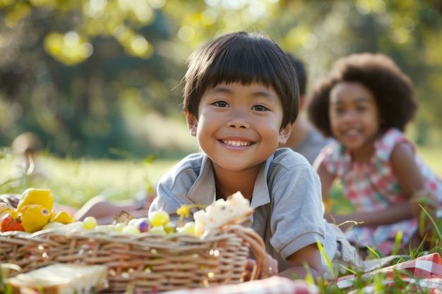 Foto gratuita ragazzi di taglio medio che si godono la giornata di picnic