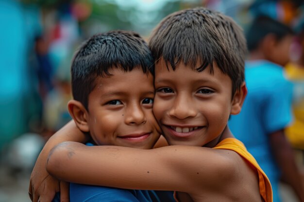 Medium shot kids hugging outdoors