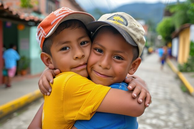 medium shot kids hugging outdoors