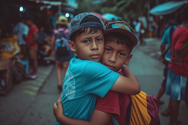 medium shot kids hugging outdoors