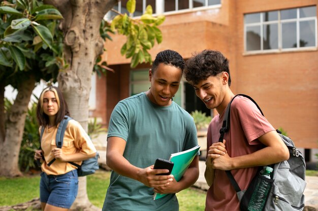 Medium shot kids laughing about colleague