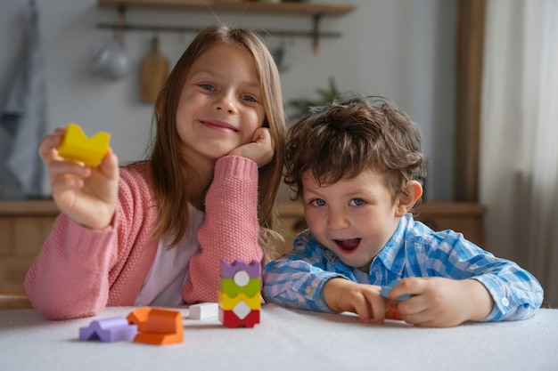 Medium shot kids playing memory game