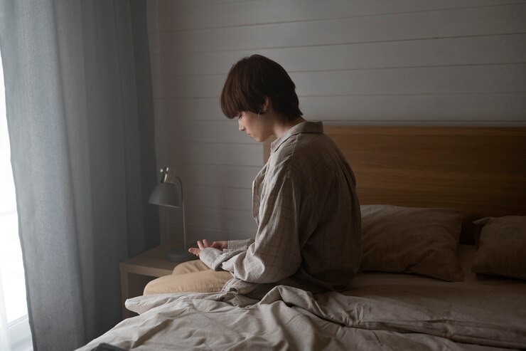 무료 Photo 침실에서 중간 샷 외로운 여자