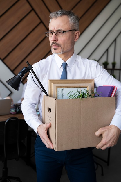 Бесплатное фото Мужчина среднего роста с картонной коробкой