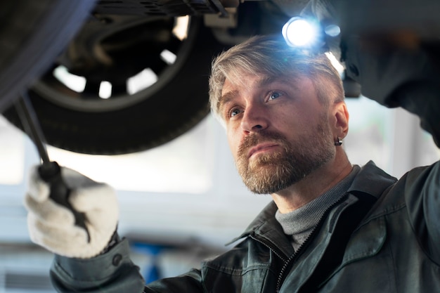 Free photo medium shot man checking car