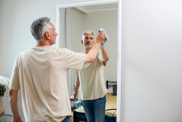 Medium shot man cleaning mirror