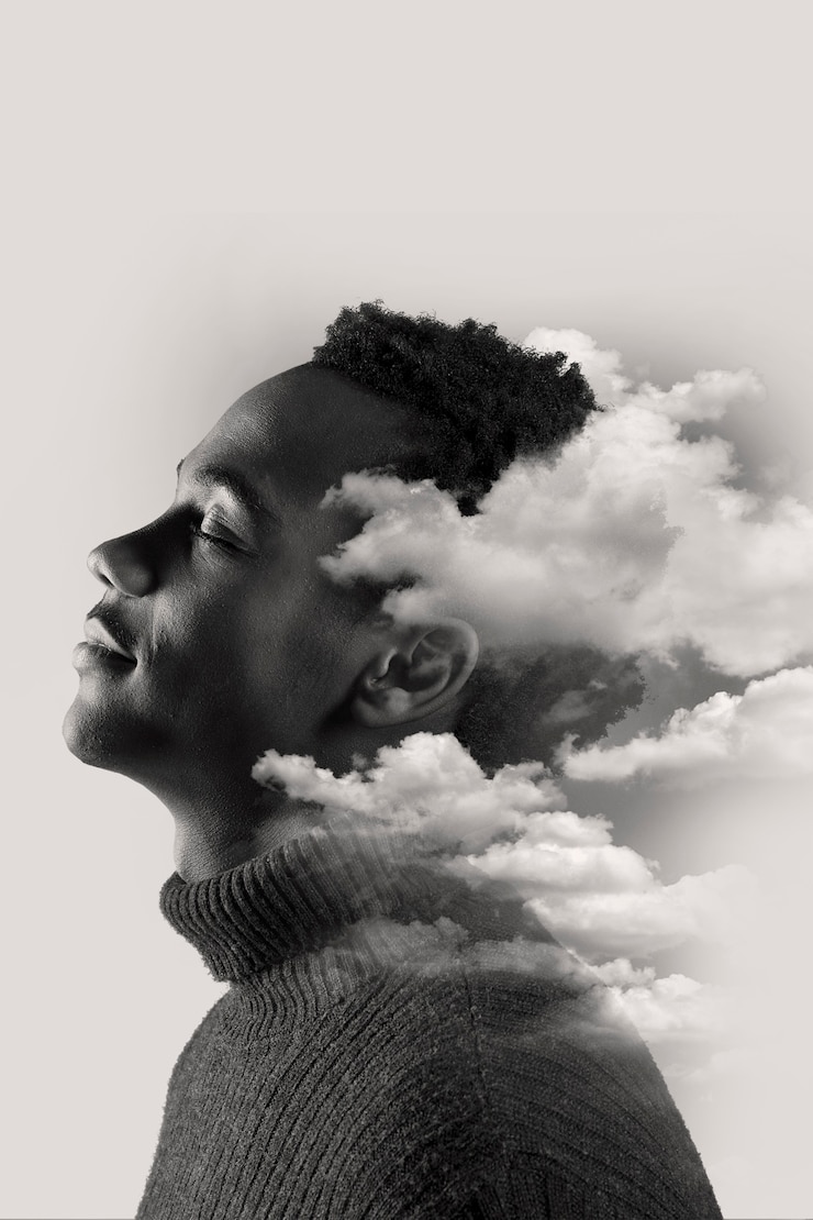 Free Photo medium shot man and clouds double exposure