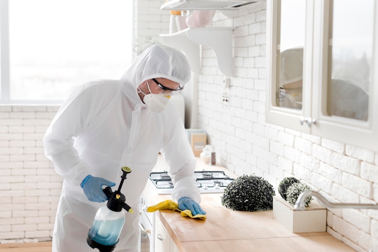 Free Photo medium shot man disinfecting countertop