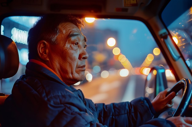 Free photo medium shot man driving truck